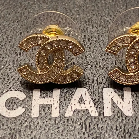 Chanel Gold Metal and Silver Crystal Mini Tiny Classic Stud Earrings - Picture 5 of 10